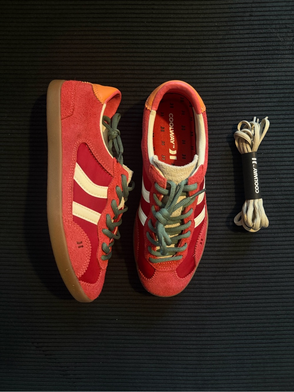 Coolway Red Suede Sneakers with White Stripes and Orange Heel Tab